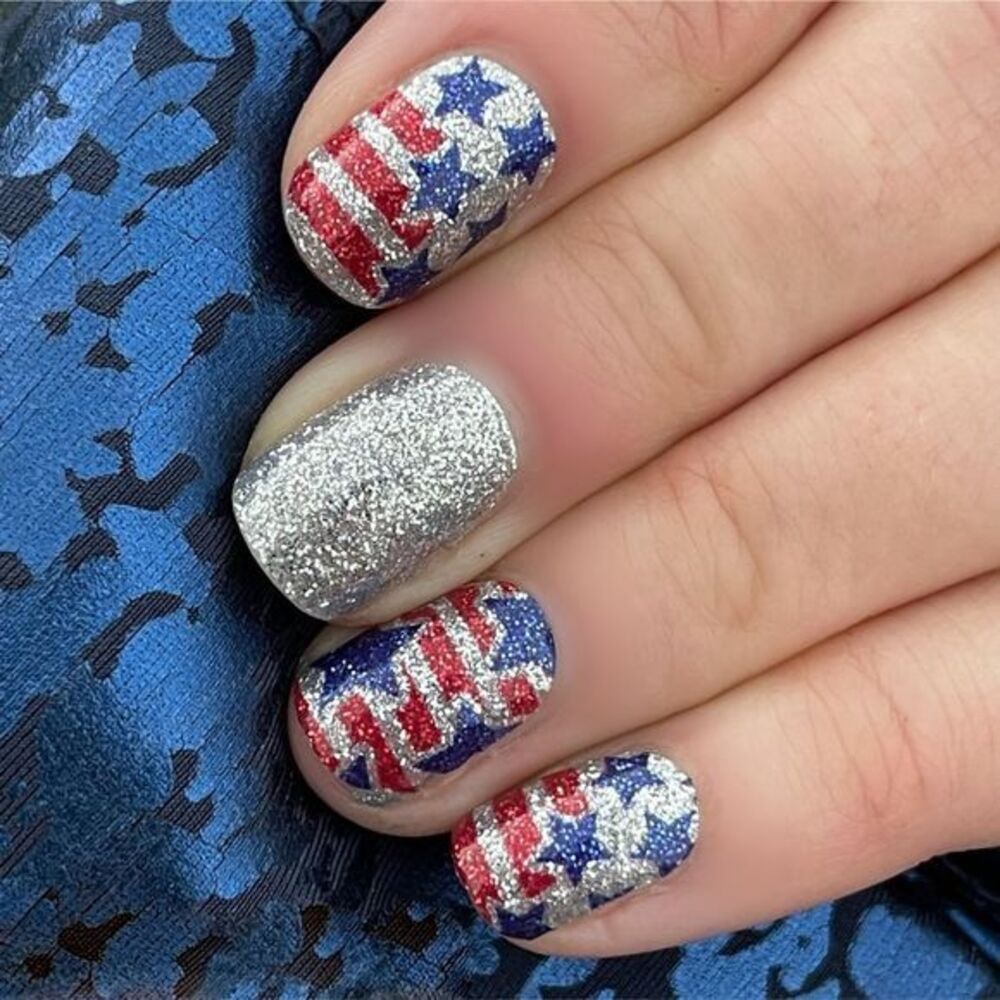 Color Street | Glitz and Glory, red silver blue stars & stripes glitter nails